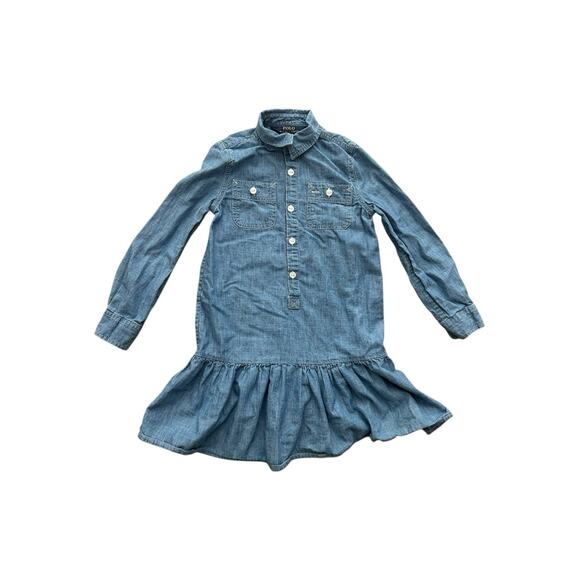 Polo Ralph Lauren Girls Denim Dress Chambray 5 Buttons Tiered Hem Sz 6 - Picture 1 of 9